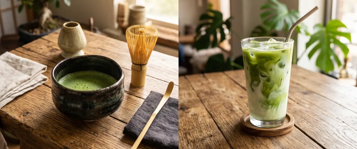 Tradycyjna matcha japońska w czarce z bambusową miotełką oraz matcha chińska przygotowana jako nowoczesne, mrożone latte