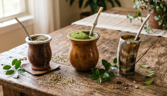 Różne rodzaje yerba mate przygotowane w tradycyjnych naczynkach, pomagające podjąć decyzję, jaką yerba mate wybrać