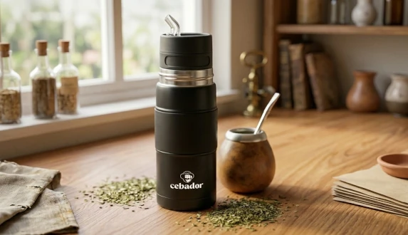 Yerbomos X – nowoczesny termos do yerba mate marki Cebador na biurku z suszem yerba mate