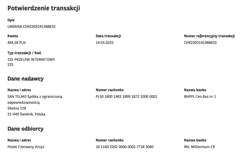 Na pomoc Ukrainie - wplata 494,18 PLN