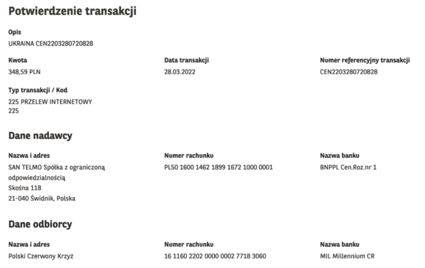 Na pomoc Ukrainie - wplata 348,59 PLN