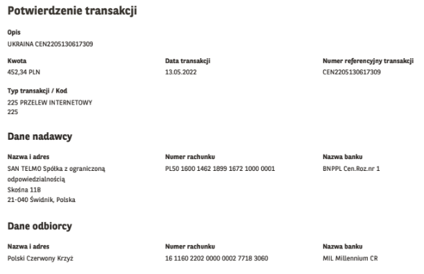 Na pomoc Ukrainie - wplata 452,34 PLN