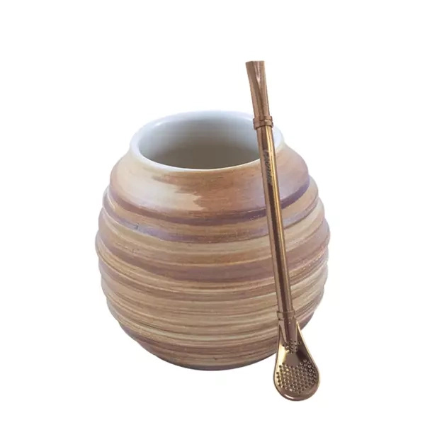 Zestaw Matero Ceramiczne Miodowe - Białe Szkliwione + Bombilla Gringo Rose Gold