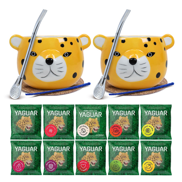 Zestaw Yerba Mate dla Dwojga: próbki Yaguar 10x50g + 2x Matero + 2x Bombilla